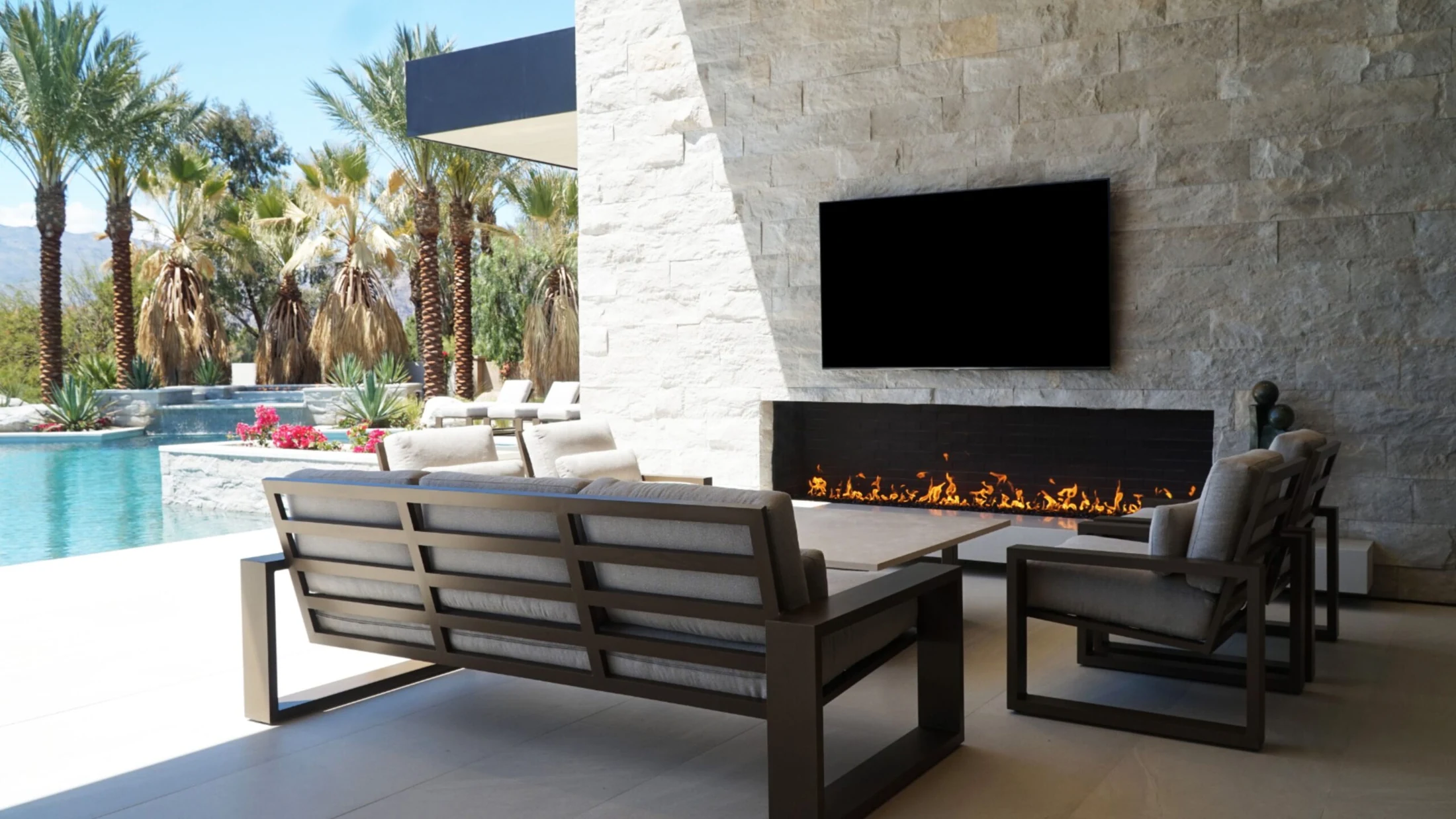 Poolside linear fireplace